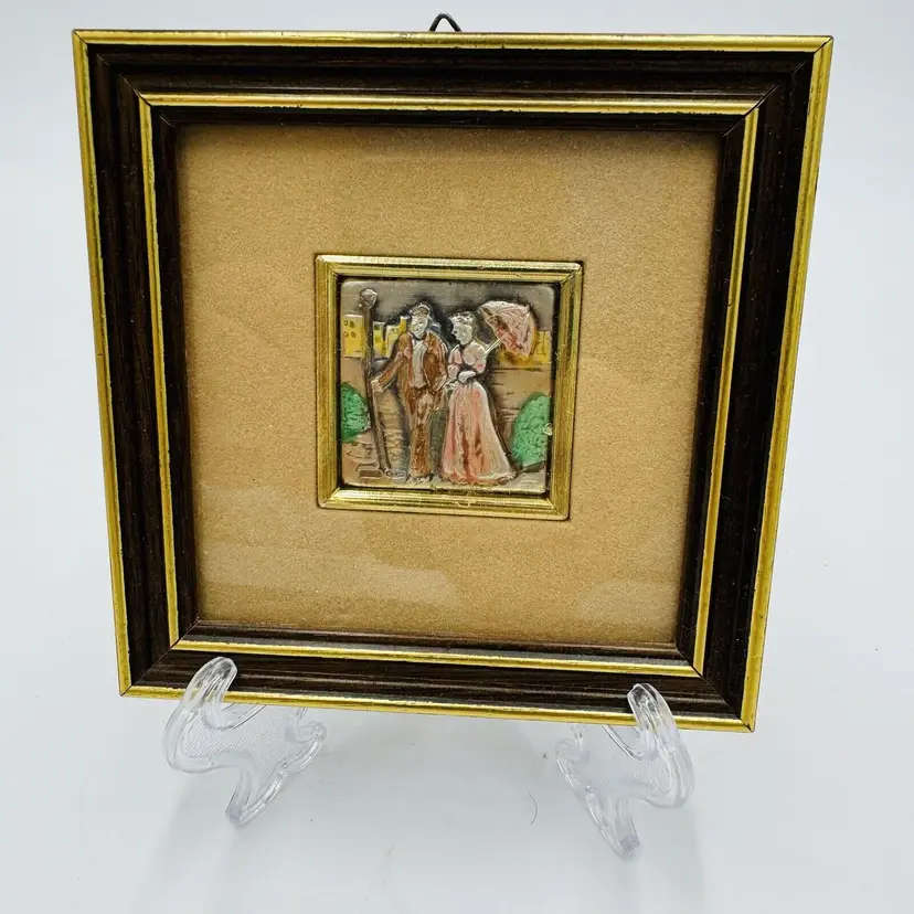 Vintage Miniature Sterling Silver Art Framed Wall Hanging Victorian Age Couple