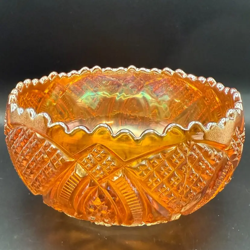 Vintage Imperial Glass Marigold Carnival Glass Diamond Pattern Bowl with Scalloped Rim