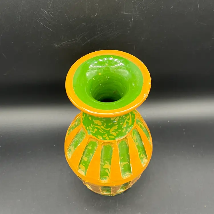 VTG Italian MCM Green & Orange Ceramic Vase Pottery 7" Stamped Italy