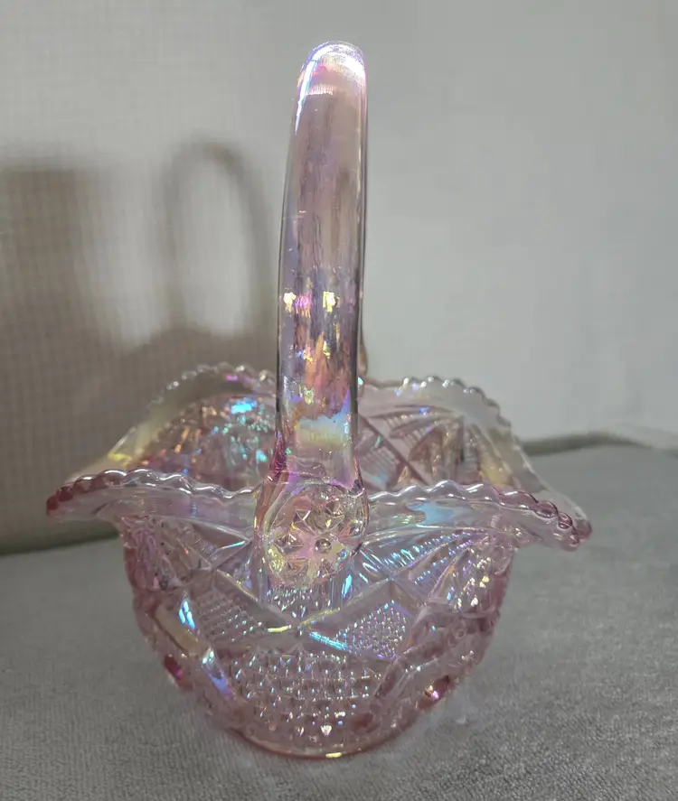 L.E. Smith Pink Iridescent Carnival Glass Basket With Handle