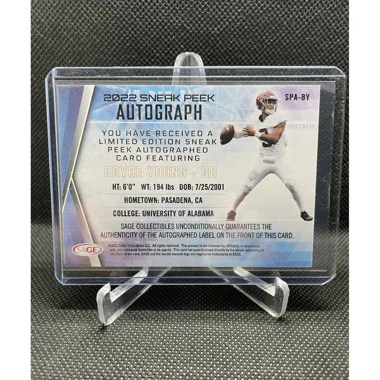 Bryce Young 2022 SAGE HIT Sneak Peek Autographs Black #SPA-BY Carolina Panthers