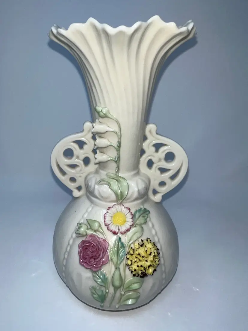 Vintage Irish Belleek Princess Vase Floral Applique Golden Label Porcelain 9"