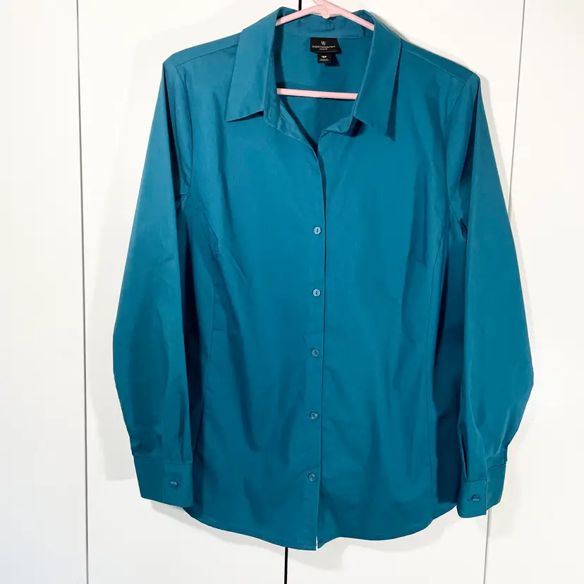 Worthington Womens Blouse 16P Teal Petite Button Up Cotton Blend Top