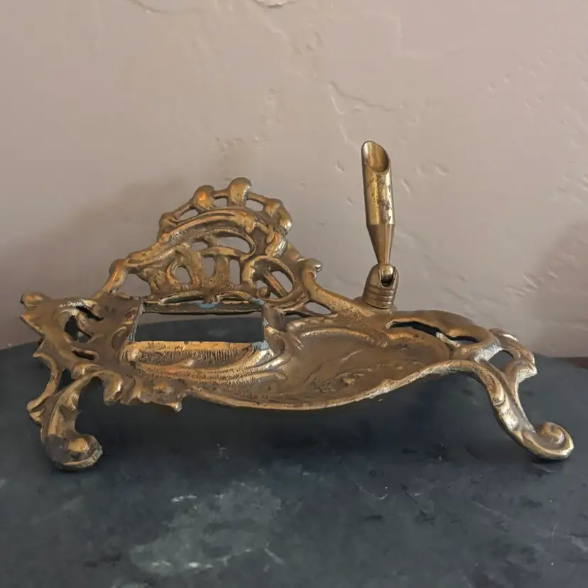 Vintage Solid Brass Art Nouveau Style Ornate Inkwell & Pen Stand
