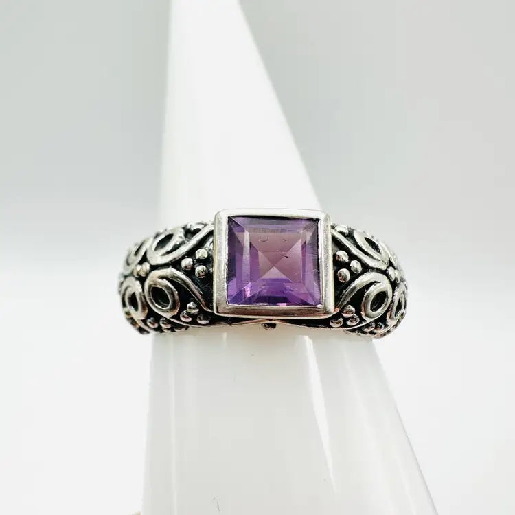 Sterling Silver Bali-style Amethyst Wide Band Ring Size 7.5