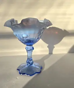 Vtg Fenton Blue Pedestal Candy Dish Opalescent Cabbage Rose Ruffle Compote.