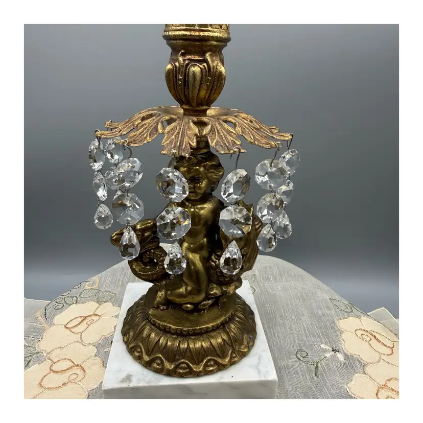 Heavy Vtg Hollywood Regency Italian Brass Cherub & Koi Fish Candlestick Holder on Marble Base 8.5x4