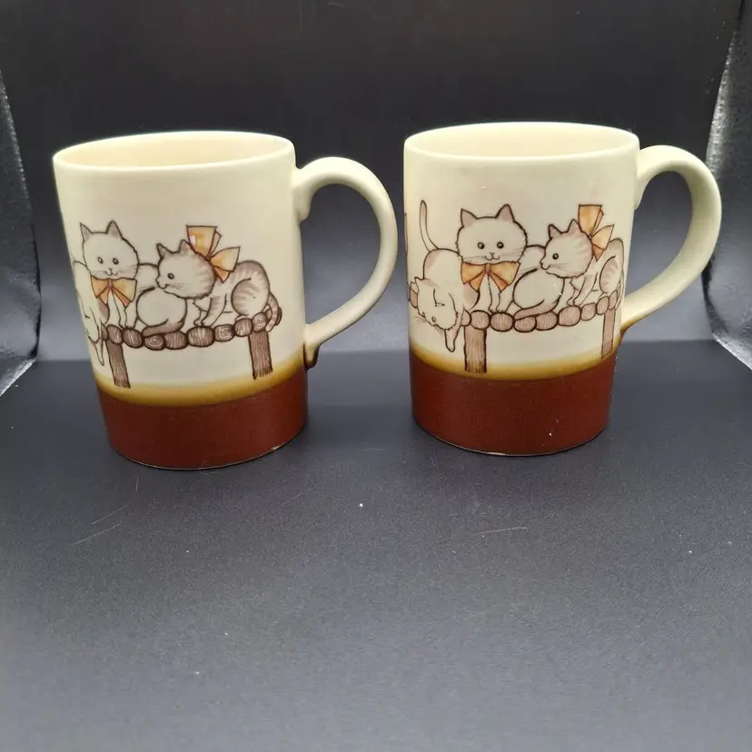 Vintage Otagiri Ceramic Cat-Themed Coffee Mugs Set Of 2 Tan & Brown 8 Oz