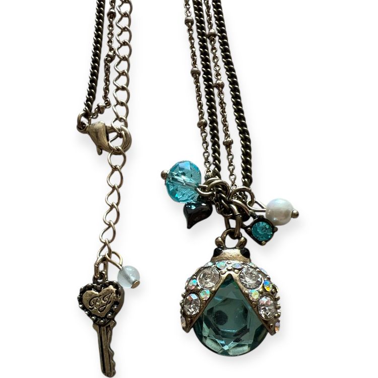 Betsey Johnson Ladybug Aqua Crystal & AB Rhinestones Double Chain Necklace 🐞 #ofc-2