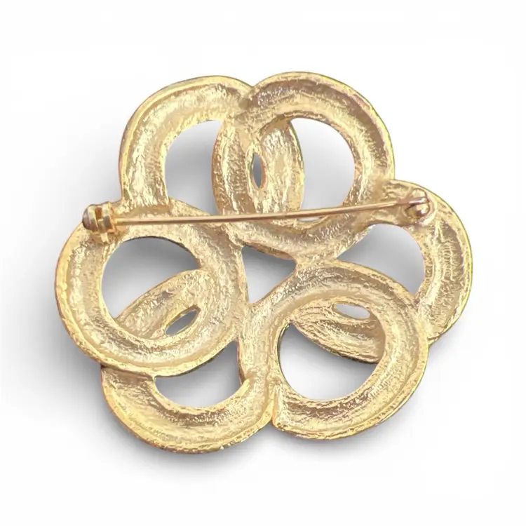 Vintage Matte Goldtone Infinity Knot Pave Set Faceted Glass Brooch 2”