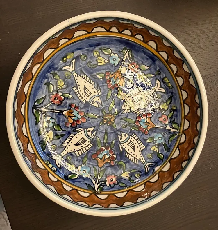 Ceramic Blue Fish Flowers Serving Bowl