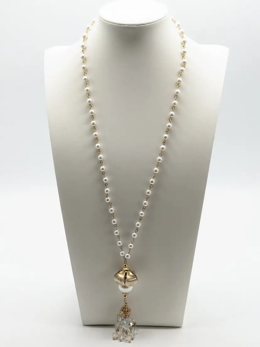 Vintage Gold Tone Faux Pearl Aurora Borealis Tassel Necklace