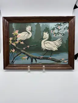 Vintage MCM Wood Framed Paint By Number Painting White Egret Birds Water Landscape