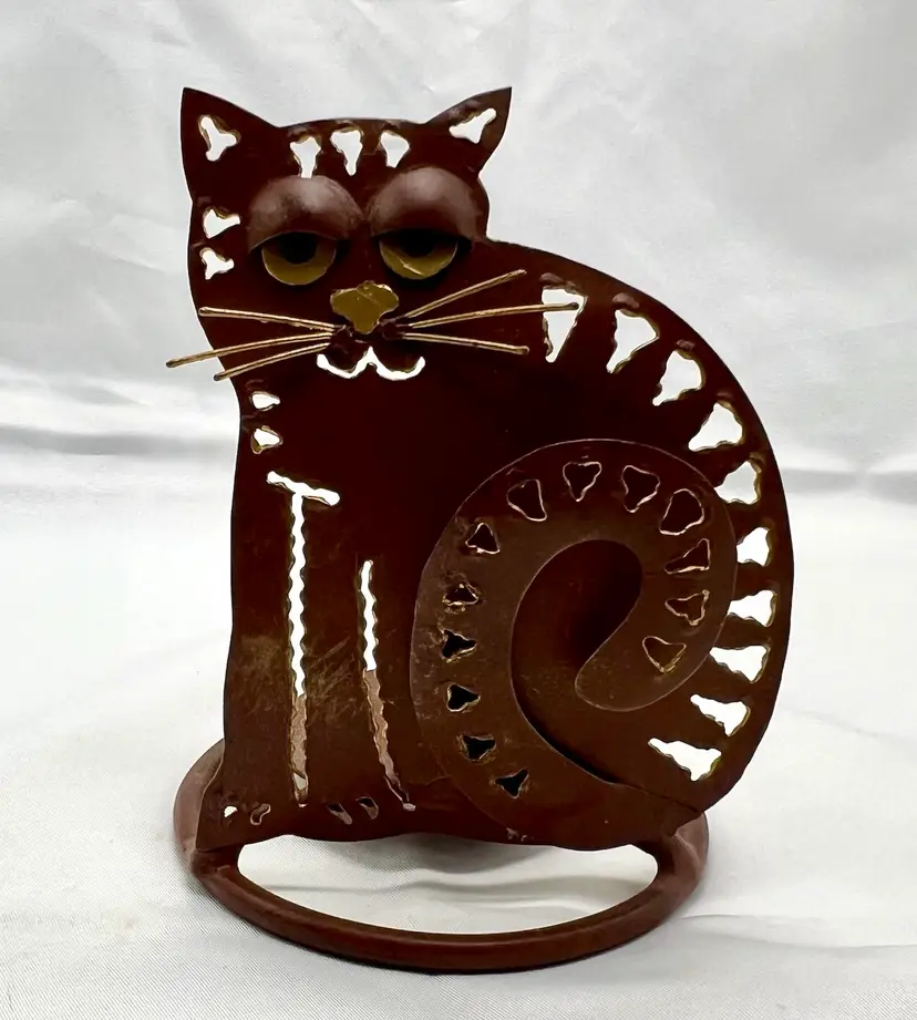 Burnt Orange/Brown Cat Candle Holder Metal Art Rustic Arts And Crafts