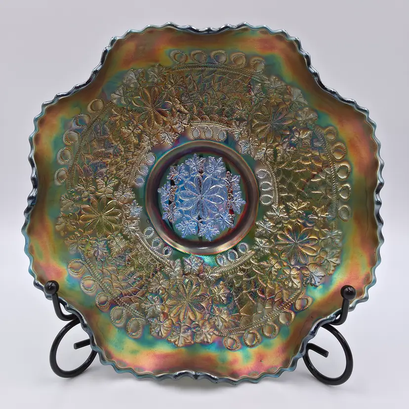Fenton Leaf Chain Blue Carnival Glass Ruffled Bowl with Bearded Berry Exterior