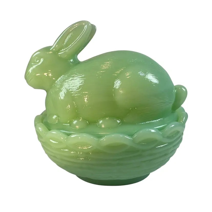 Mosser Bunny On A Basket Art Glass Rabbit Nest Jadeite Green Covered Dish New USA