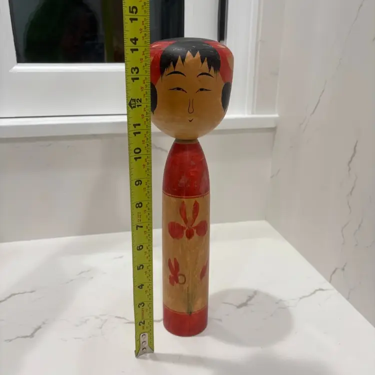 Vintage 14” Kokeshi Doll With Red Flower. Signed.