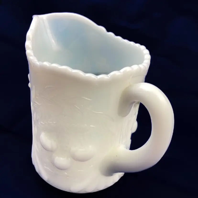 White Milk Glass Creamer Pitcher Vase Leaf Wreathed Cherry design Scalloped Edge