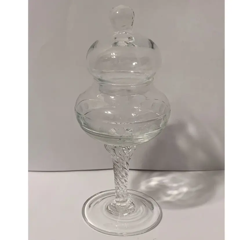 Clear Glass Twisted Stem Lidded Jar with Etched Ring Accent 