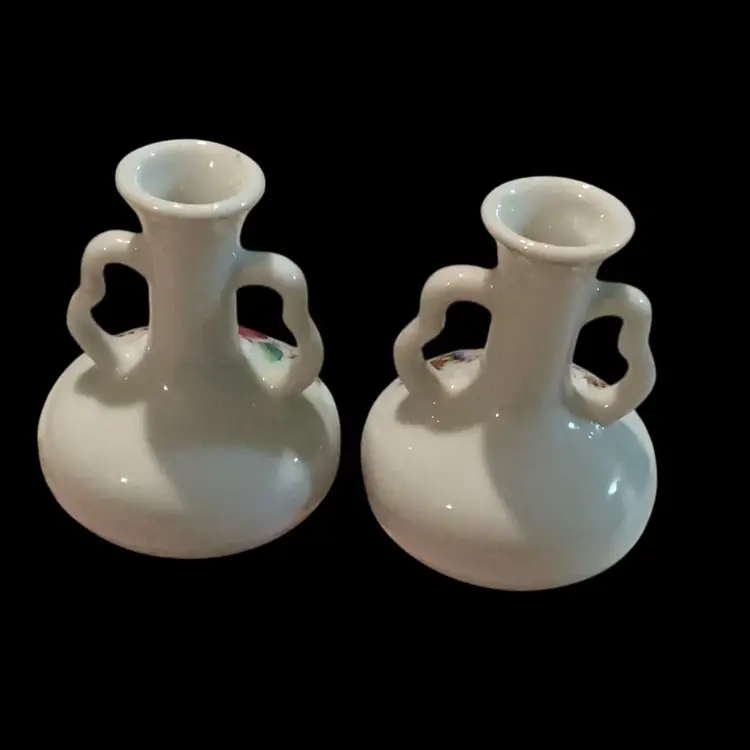 Beautiful Vintage Porcelain Miniature Vases. With Multi Color Floral Flower Designs. Gold Accents   & Double Handles. Made In Japan.