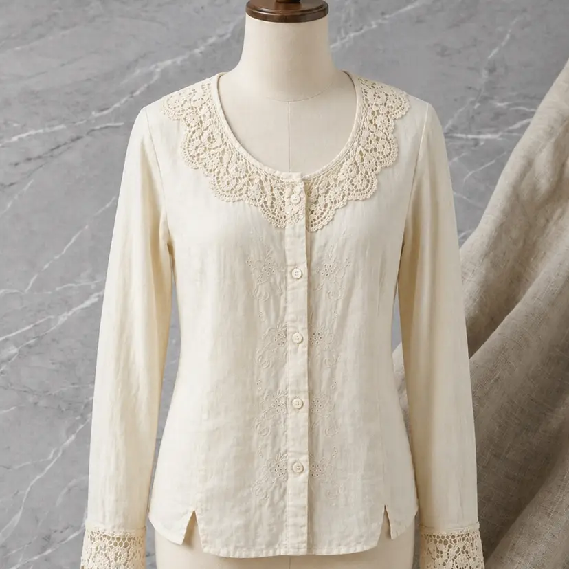 J.Jill Cream Lace Trim Button Down Shirt Women XL Tall Long Sleeve Blouse