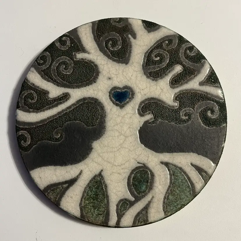 Tree of Life Coaster Jeremy Diller Earth & Fire RAKU POTTERY Signed 4 1/8" D