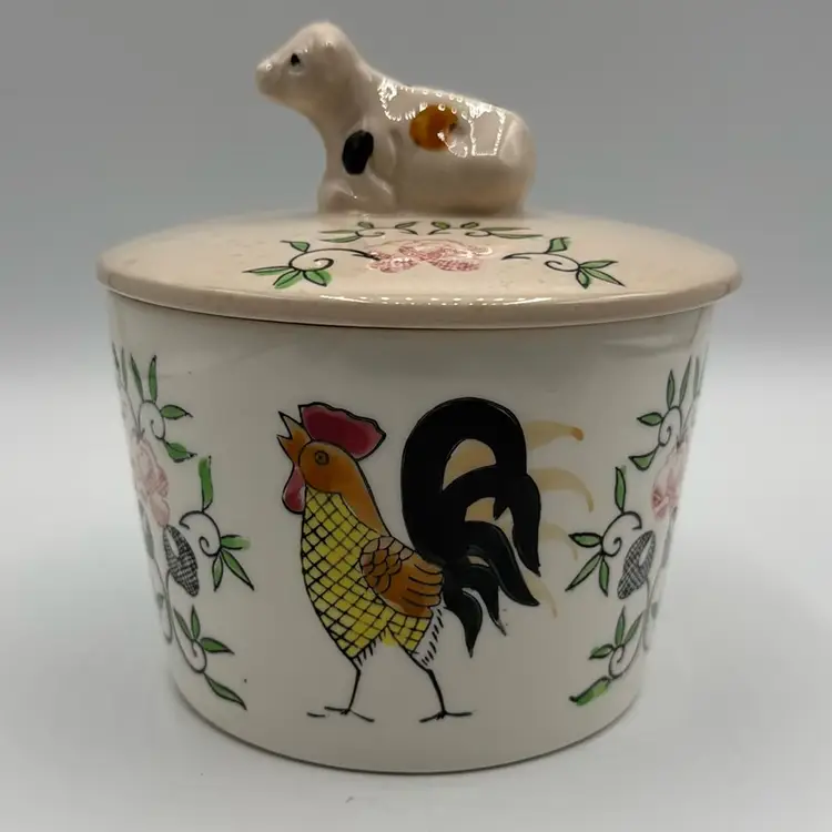 Vintage Kitchen Canister Rooster Cow Top Handle