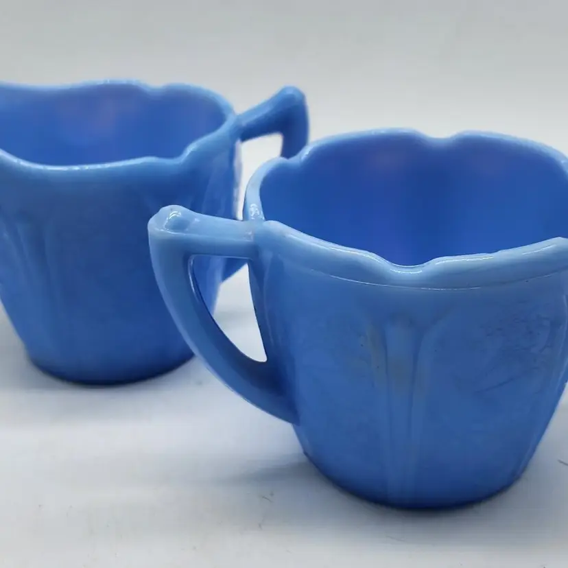 Jeannette Depression Glass Cherry Blossom Blue Delphite Cream & Open Sugar Set