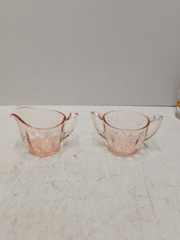 Vintage Pink Depression Glass Cream and Sugar Bowl Set Kitchen