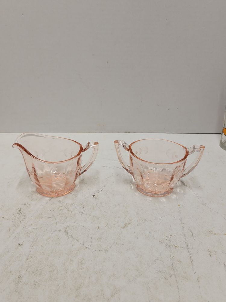 Vintage Pink Depression Glass Cream and Sugar Bowl Set Kitchen