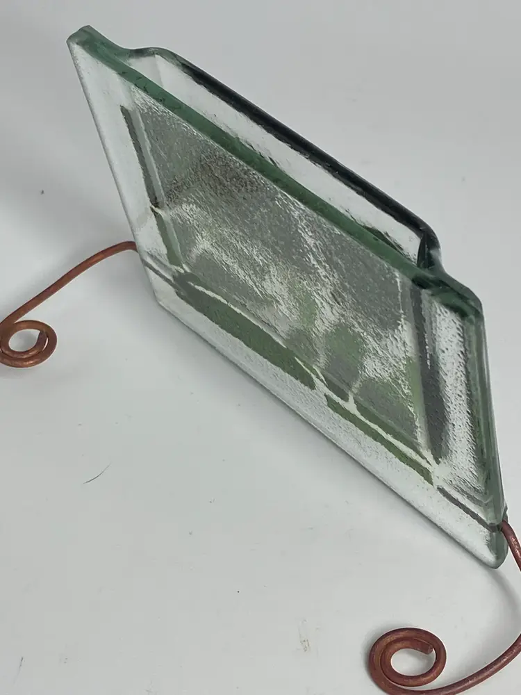 Fused Glass Vase w/ Metal Feet & Green Abstract Geometric Design, 5.5" x 3.5"