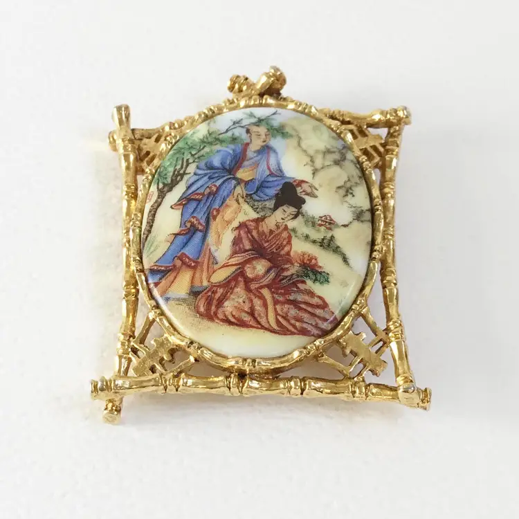 Vintage Art Arthur Pepper Asian Geisha Cameo Porcelain Gold Tone Bamboo Brooch