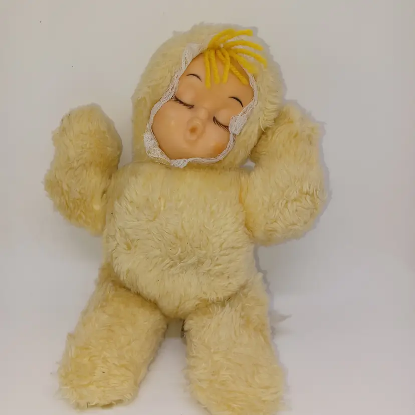 Vintage Rubber Face Sleepy Baby Stuffed Plush Knickerbocker? Rushton? Yellow 10"