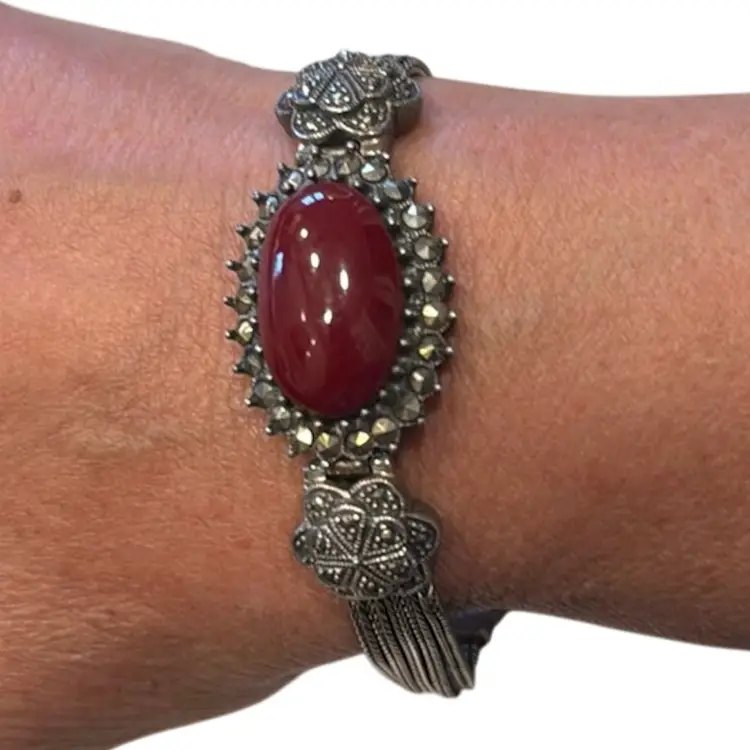 Vintage Art Deco Revival Sterling Silver Carnelian & Marcasite Bracelet 7.5”, 28g