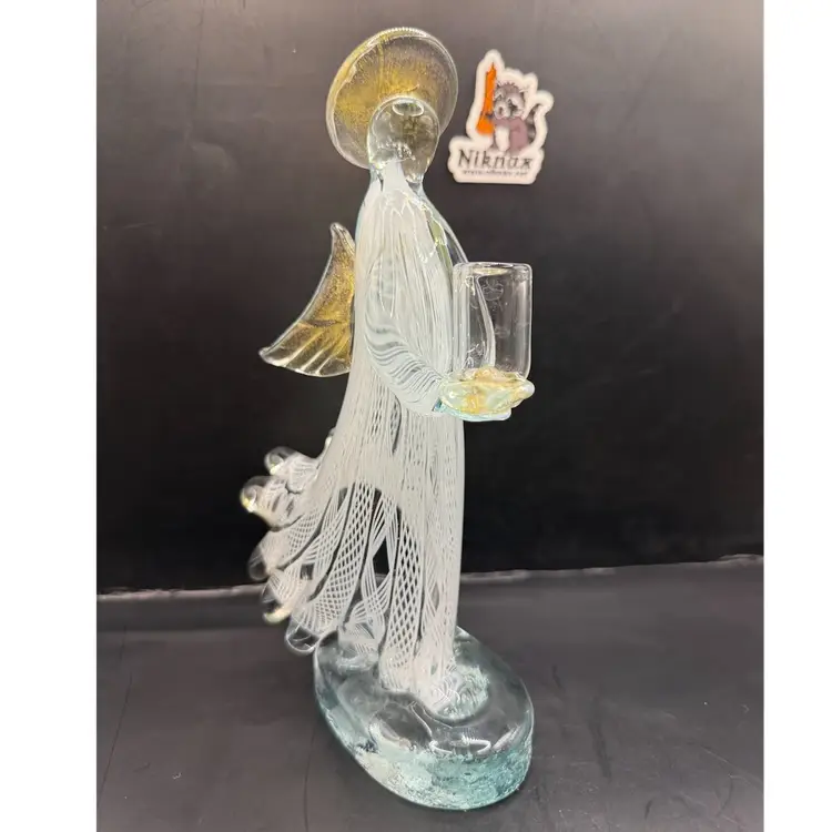Murano White Zanfirico Gold Foil Art Glass Angel Figurine Candle Holder 8.5”