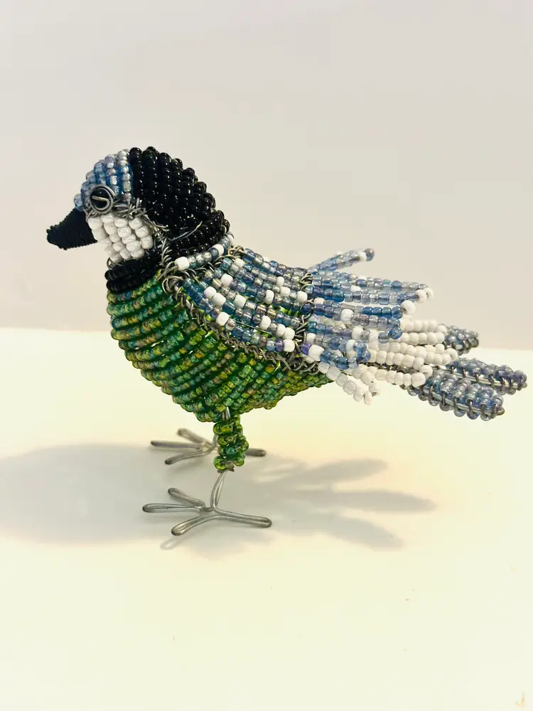 Hand Crafted Bead + Wire Grn Blk Blu Wht Bird Collectible Figurine 5" X 3 1/2"