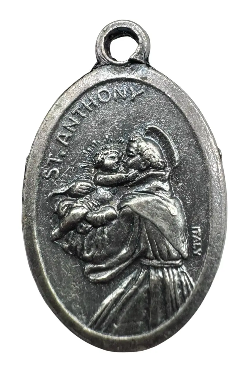 Catholic Silver Tone Metal Religious Medal Pendant Saint Anthony Francis Italy