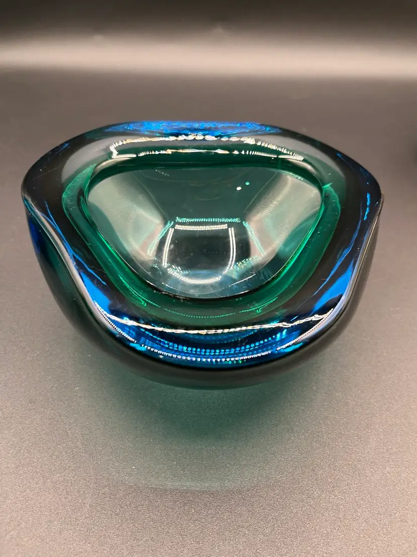 Italian Murano Art Glass Blue & Emerald Green Sommerso MCM Candy Dish/Bowl 🥣