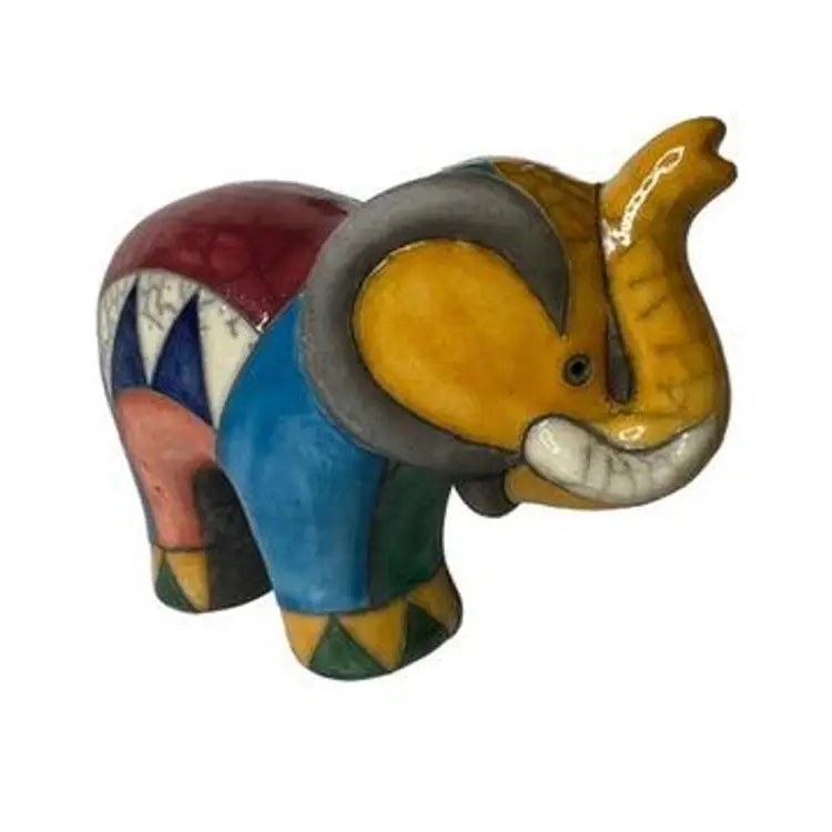 Raku Pottery Handmade in South Africa Colorful Elephant Figurine Signed Farnick