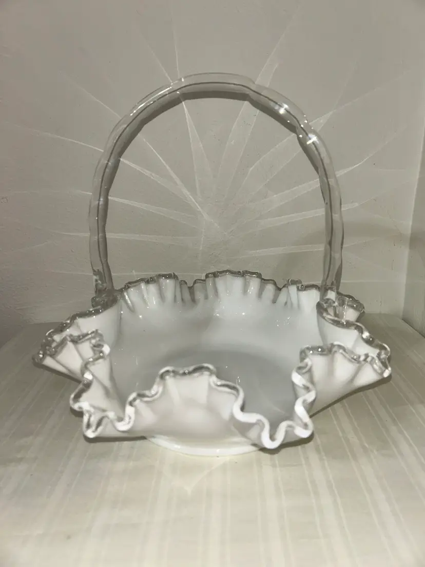 Vtg LARGE FENTON Silver Crest Glass Basket w/Clear Handle Ruffle Rim
