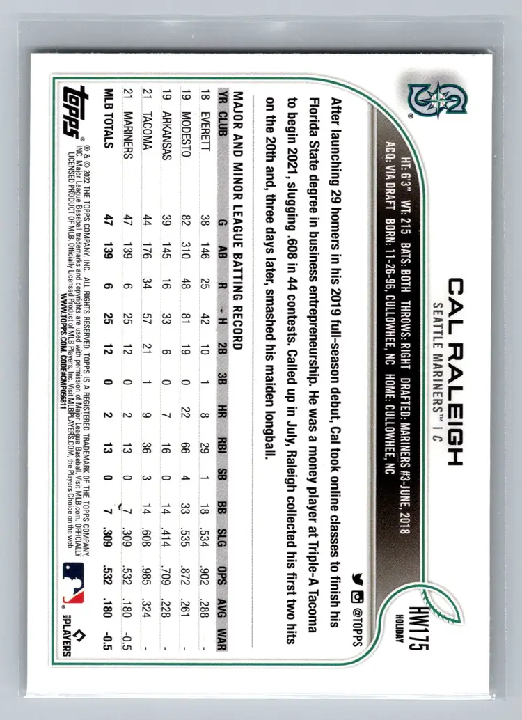CAL RALEIGH 2022 Topps Holiday RC Seattle Mariners A1522