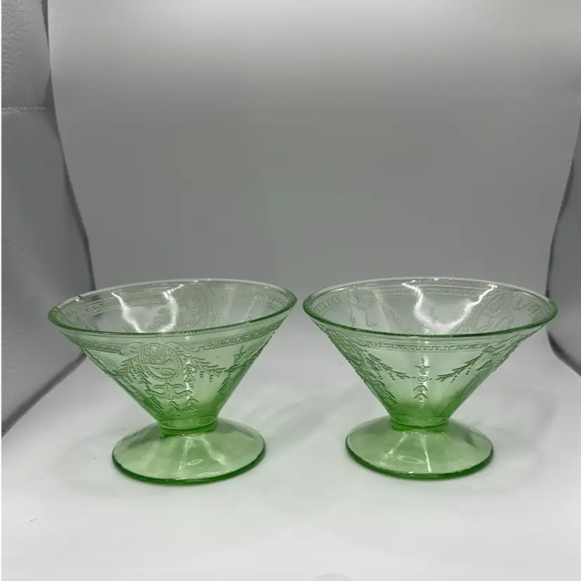 Belmont Rose Cameo Green Uranium Depression Sherbet Glasses set of 2