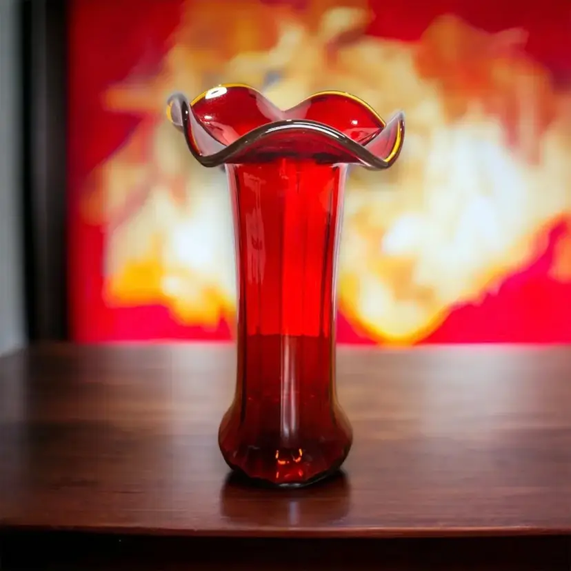 Vintage August Hofbauer Beacon Glass Ruby Optic Panel Amberina Ruffle Vase
