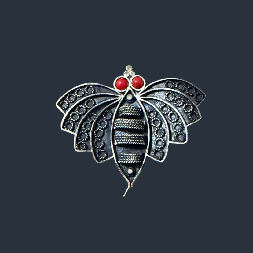 Vintage Sterling Silver 935 Jerusalem Israel RARE Butterfly Coral Brooch