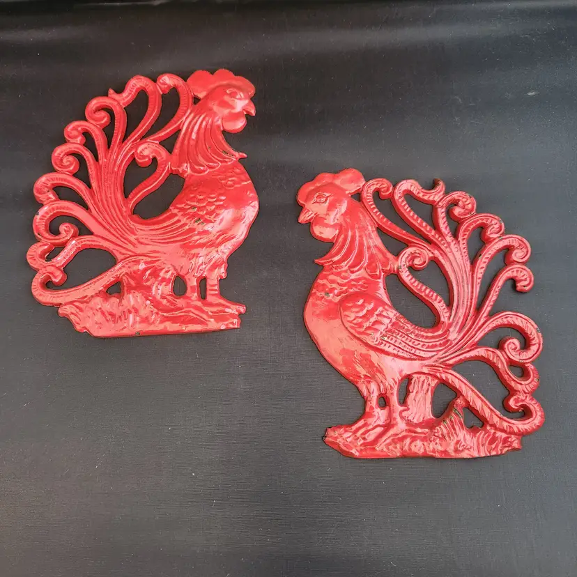 Cast Iron Rooster Wall Hanging Decor Red Enamel Set of 2 Vintage Folk Art Pennsylvania Dutch - USA