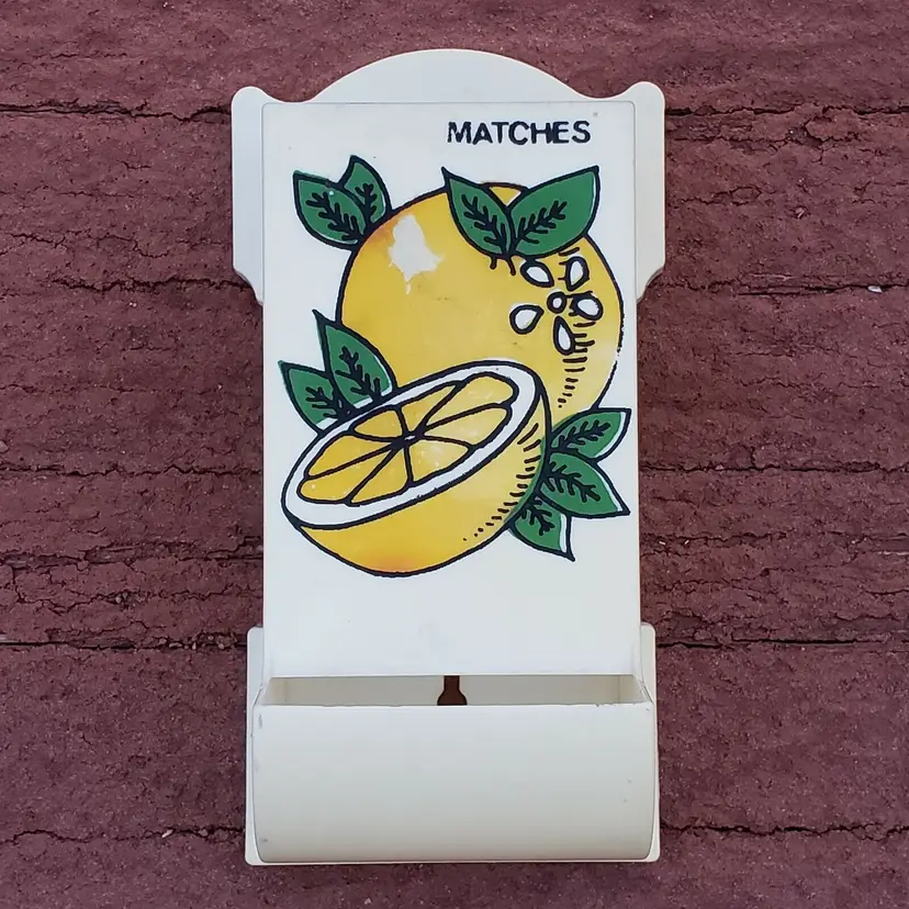 Plastic Kitchen Match Box Holder Off White with Lemons Wall Mounted Vintage