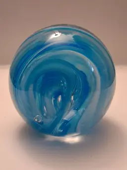 Beautiful Art Glass Blue & White Wave-Like Paperweight