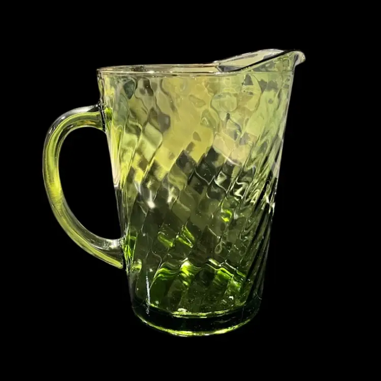 Hazel Atlas- Optic Swirl- Green Pitcher 8” High, 5.25” Diameter, 8.5” Wide Handle to Spout
