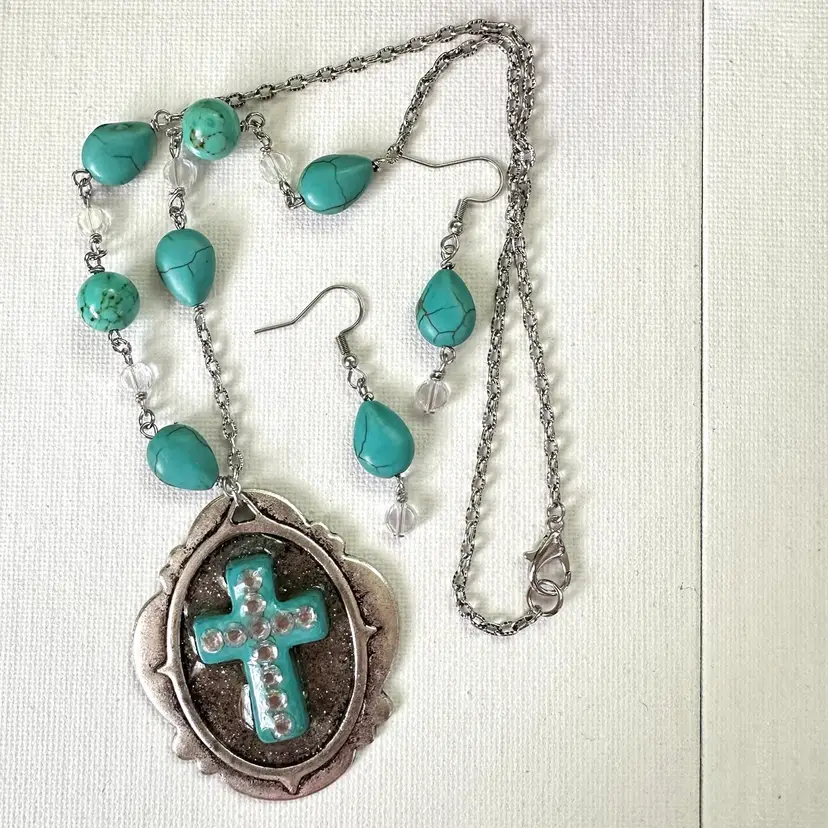 Faux Turquoise Cross Pendant Repurposed Jewelry Necklace Earring Set