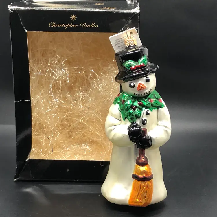 Vtg Christopher Radko Christmas Ornament Glass 1996  Snowman Broom Original Box